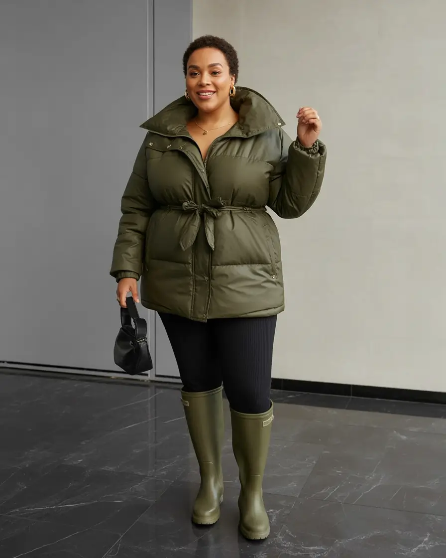 Curvy Outfit Ideas for Winter 2025–2026 Olive Puffer with Matching Boots