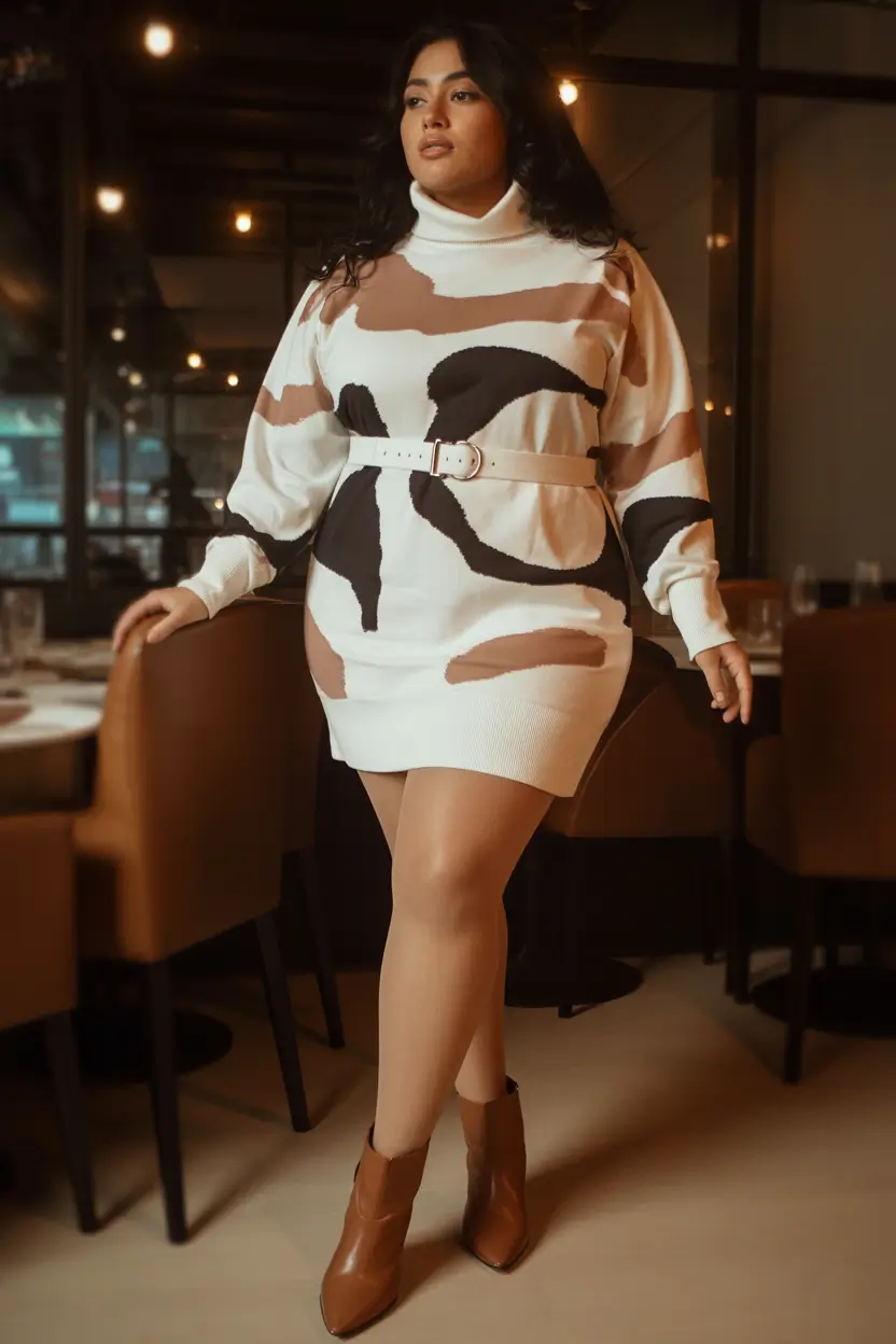 Curvy Outfit Ideas for Winter 2025–2026 Patterned Sweater Dress with Belt