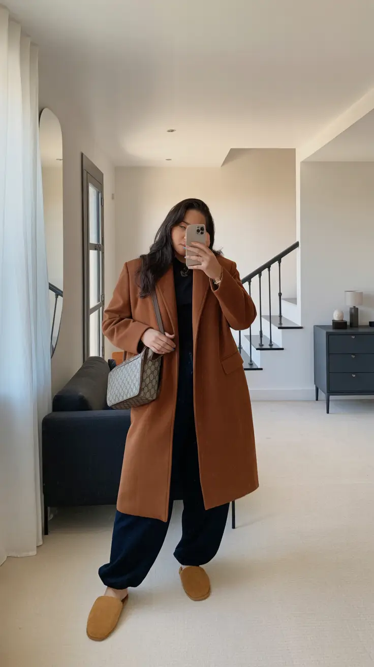 Curvy Outfit Ideas for Winter 2025–2026 Camel Coat with Relaxed Jeans