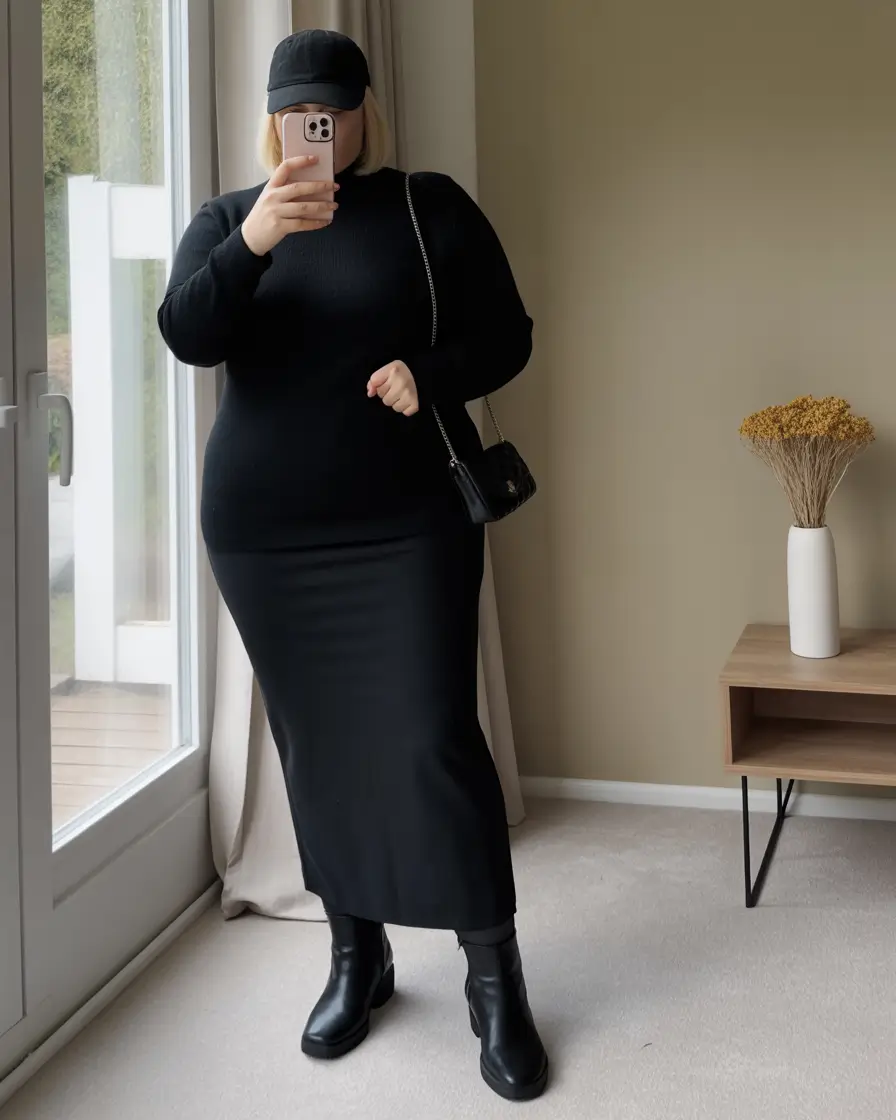 Curvy Outfit Ideas for Winter 2025–2026 All-Black Knit with Maxi Skirt