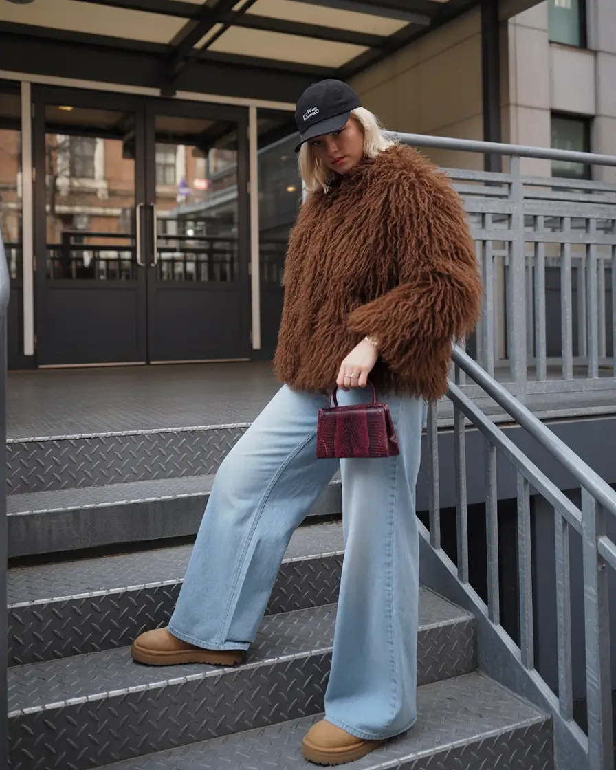Curvy Outfit Ideas for Winter 2025–2026 Shaggy Brown Jacket with Wide-Leg Jeans