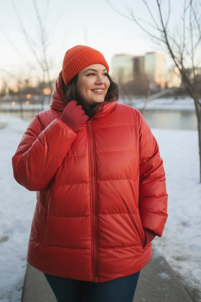 Curvy Outfit Ideas for Winter 2025–2026 Bright Red Puffer with Knit Accessories