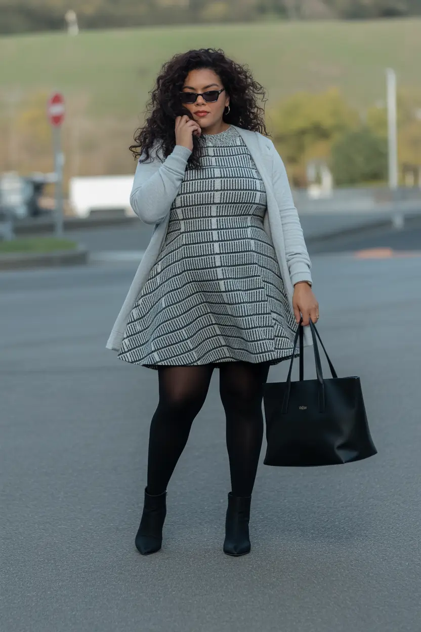 Curvy Outfit Ideas for Winter 2025–2026 Monochrome Mini Dress with Tights