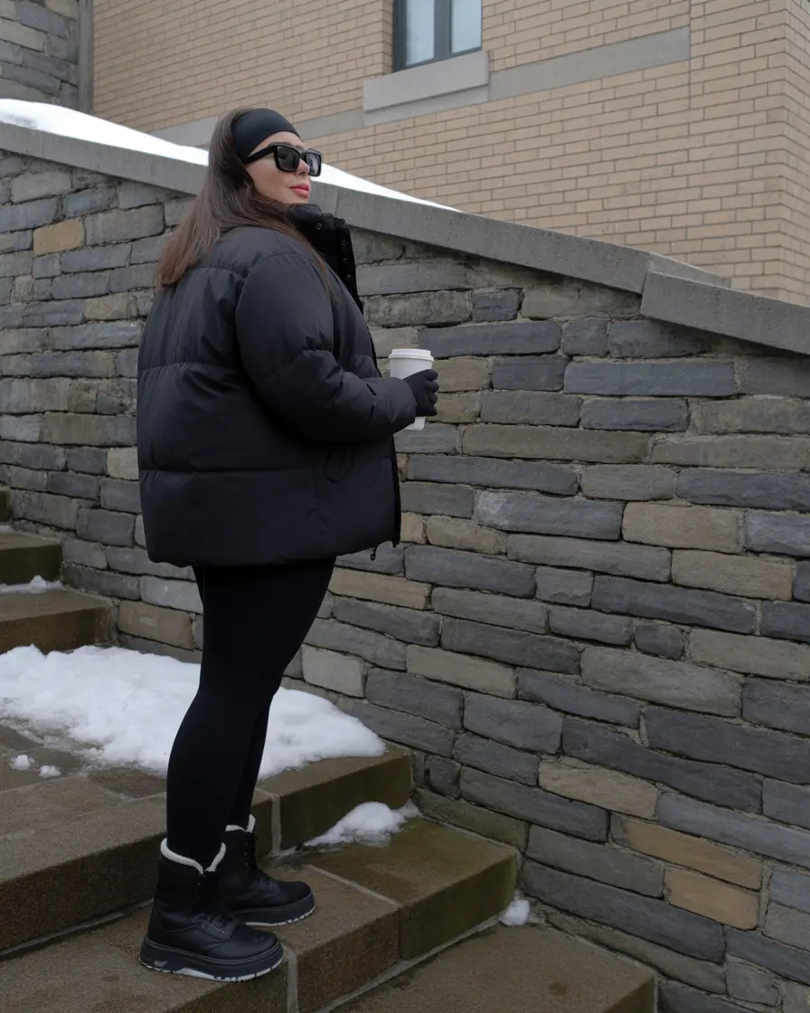 Curvy Outfit Ideas for Winter 2025–2026 Black Puffer with Leggings