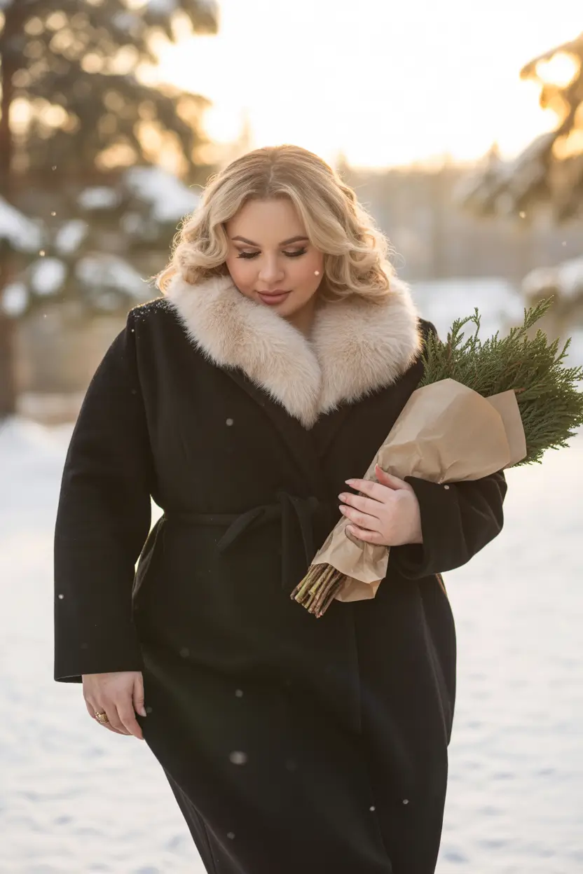Curvy Outfit Ideas for Winter 2025–2026 Black Coat with Fur Collar