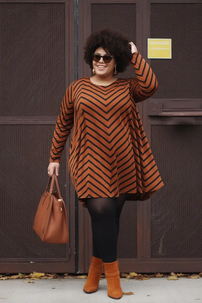 Curvy Outfit Ideas for Winter 2025–2026 Chevron Tunic Dress with Ankle Boots