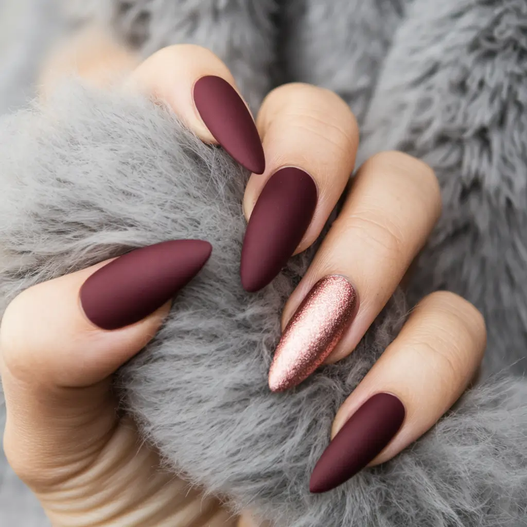 Dark Fall Nails 2025 Matte Burgundy with Rose Gold Accent