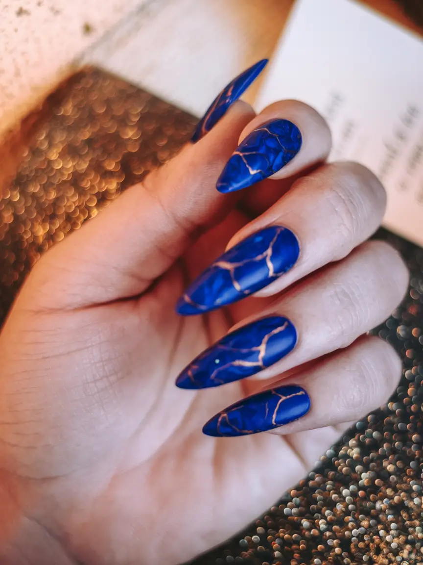 Dark Fall Nails 2025 Royal Blue Marble with Gold Veins