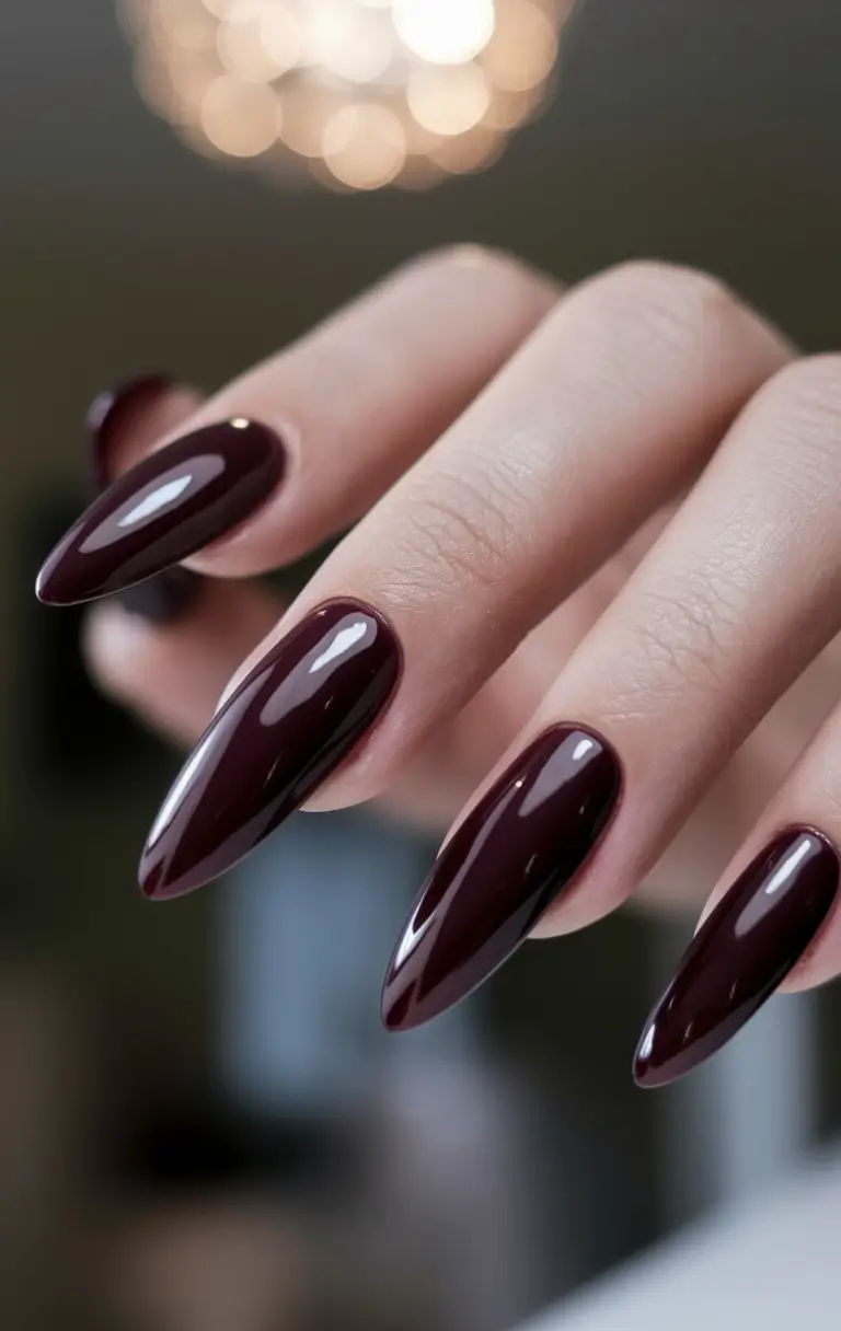 Dark Fall Nails 2025 Glossy Burgundy Almond