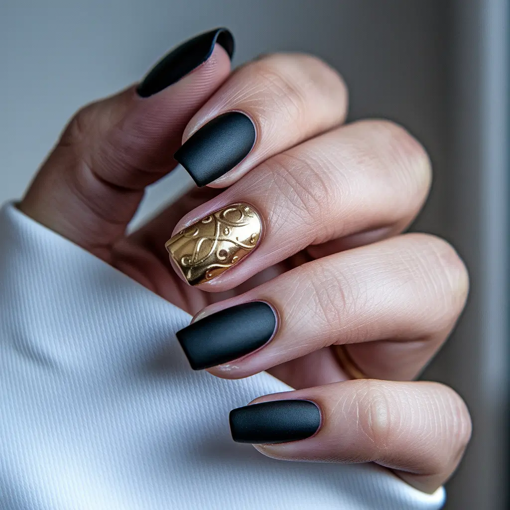 Dark Fall Nails 2025 Matte Black with Golden Accent