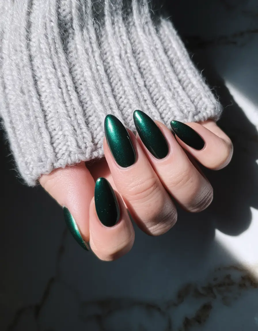 Dark Fall Nails 2025 Shimmering Emerald Almond