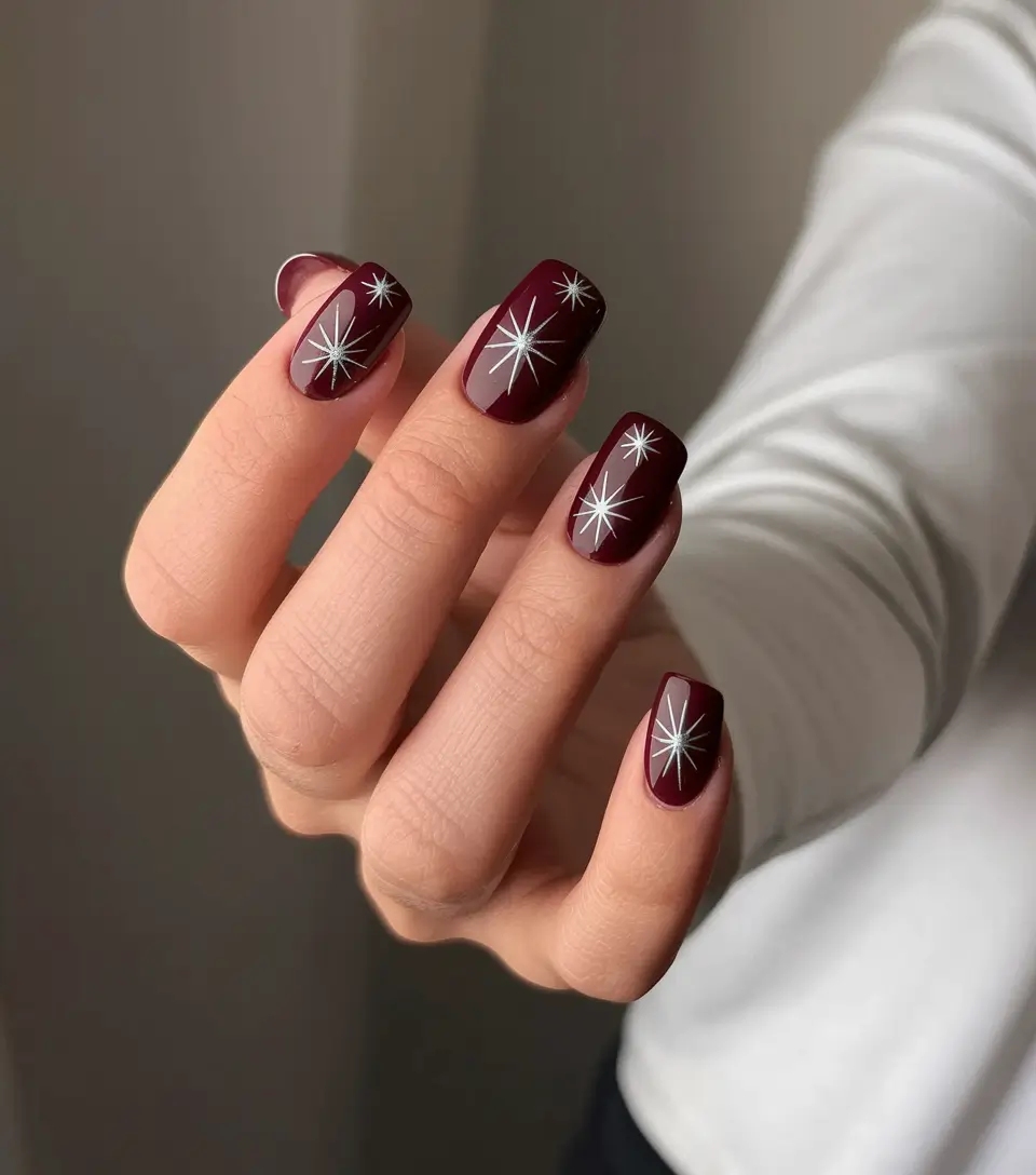 Dark Fall Nails 2025 Burgundy with Star Accents