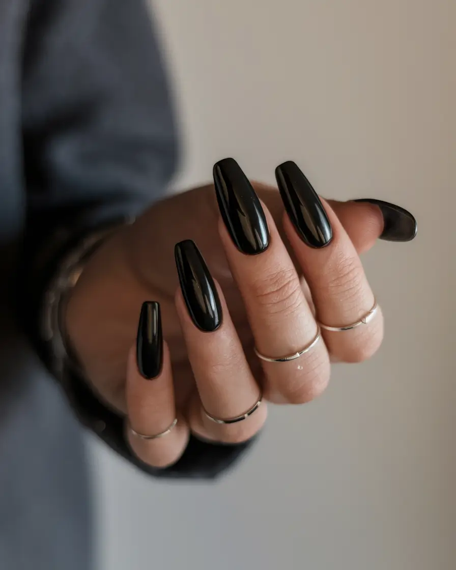Dark Fall Nails 2025 Glossy Black Coffin
