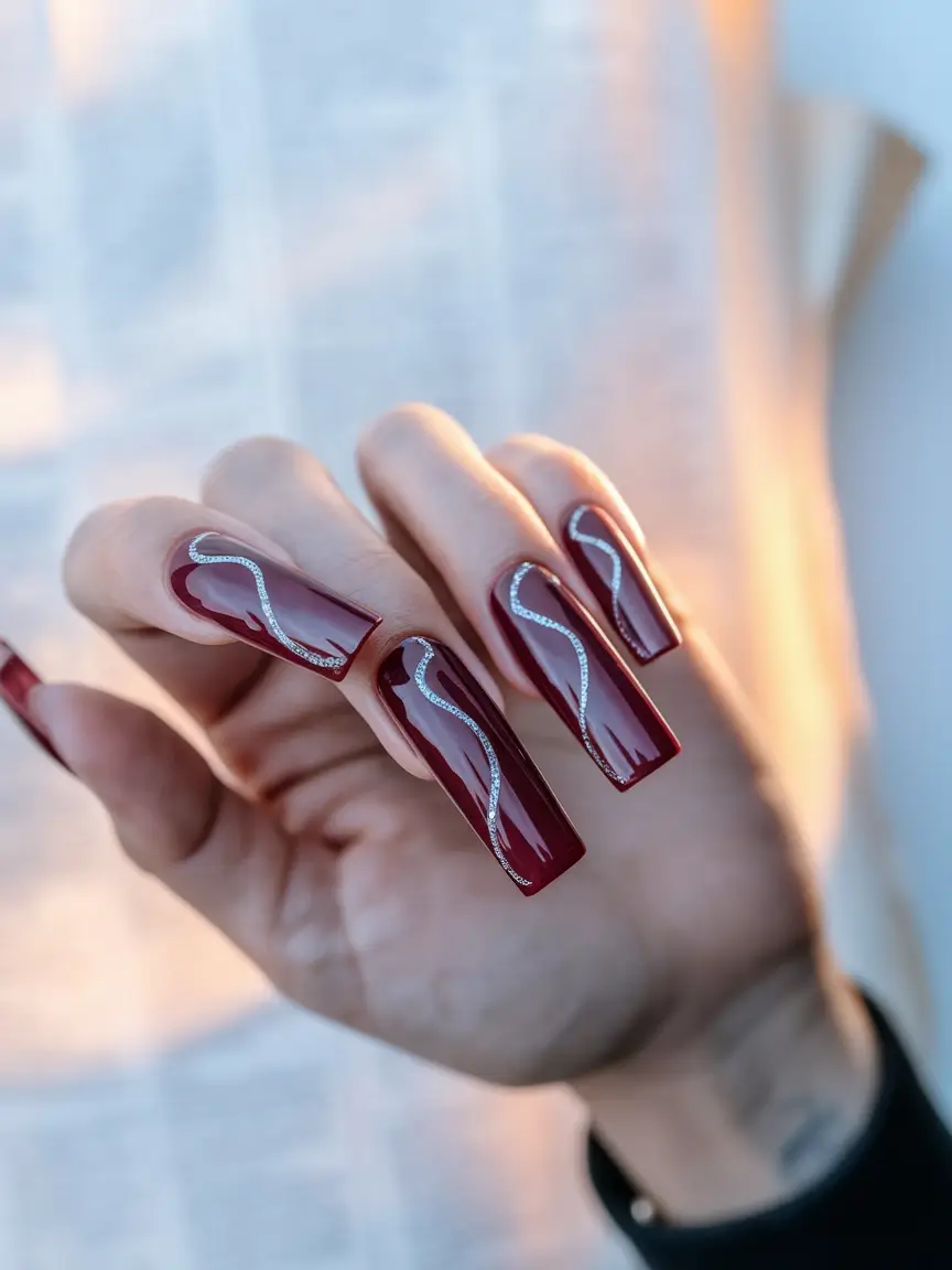 Dark Fall Nails 2025 Burgundy Coffin with Silver Wave