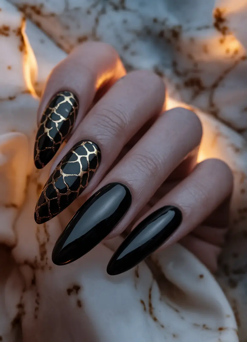 Dark Fall Nails 2025 Black and Gold Luxe Almond
