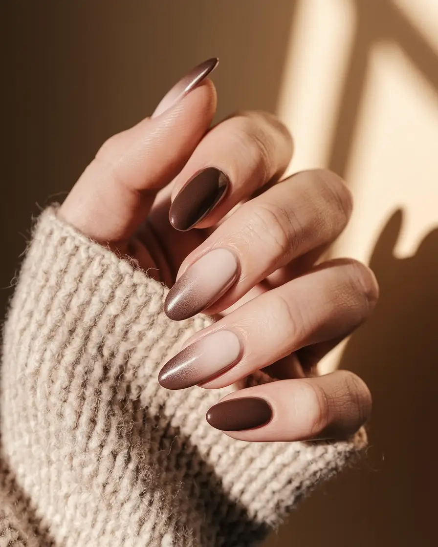 Fall Nail design for October 2025 Chocolate Ombre Glow