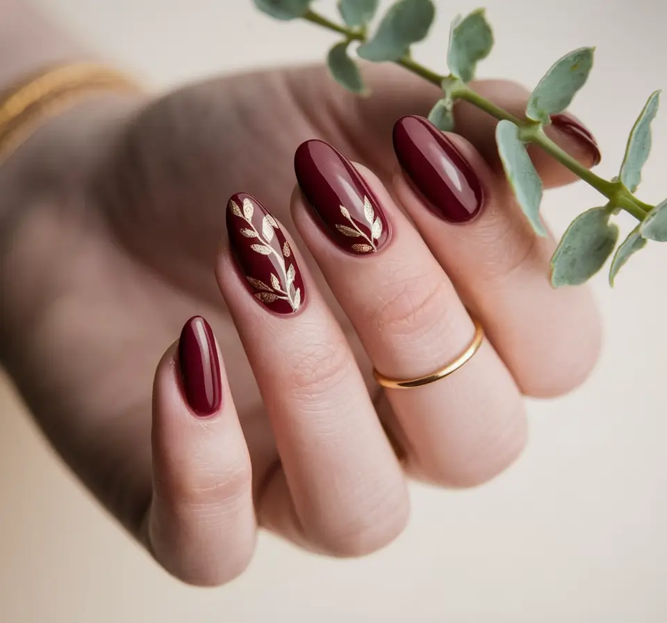 Fall Nail design for October 2025 Burgundy Elegance with Golden Leaves
