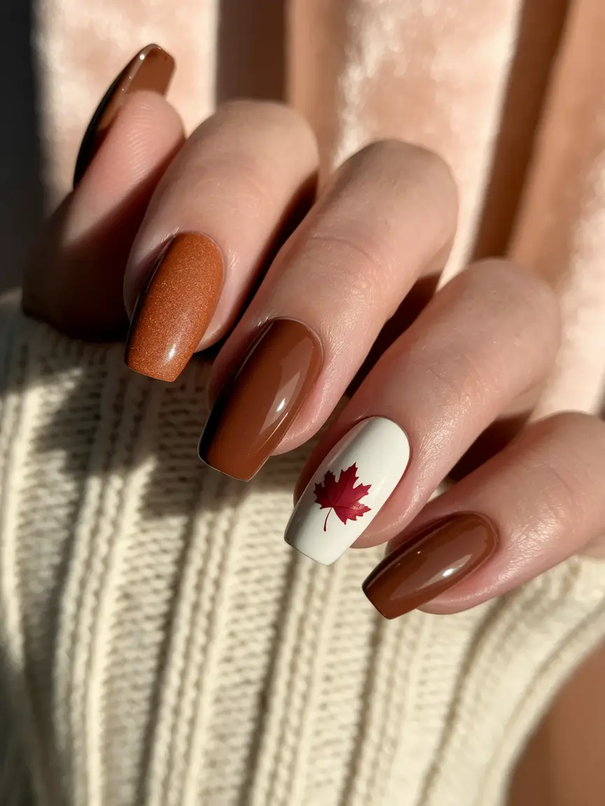 Fall Nail design for October 2025 Maple Leaf Accent Square
