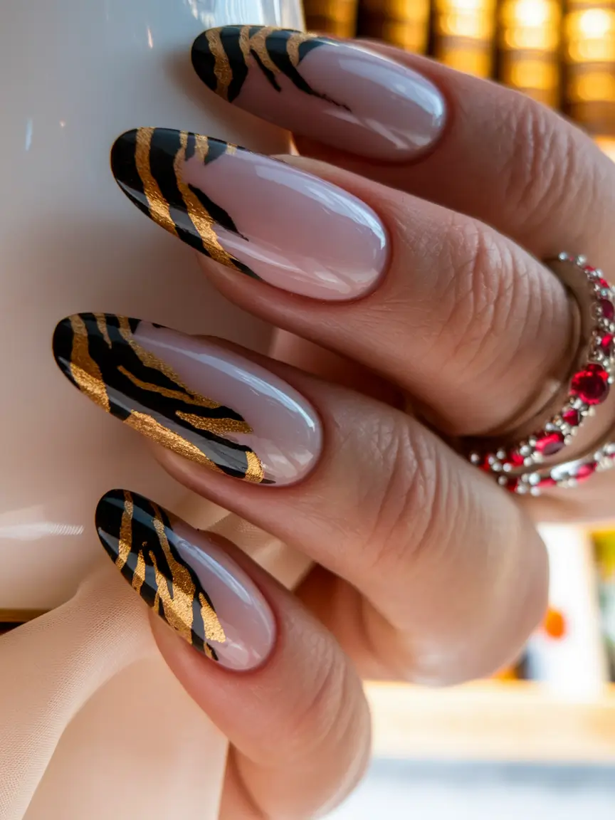 Fall Nail design for October 2025 Golden Tiger French