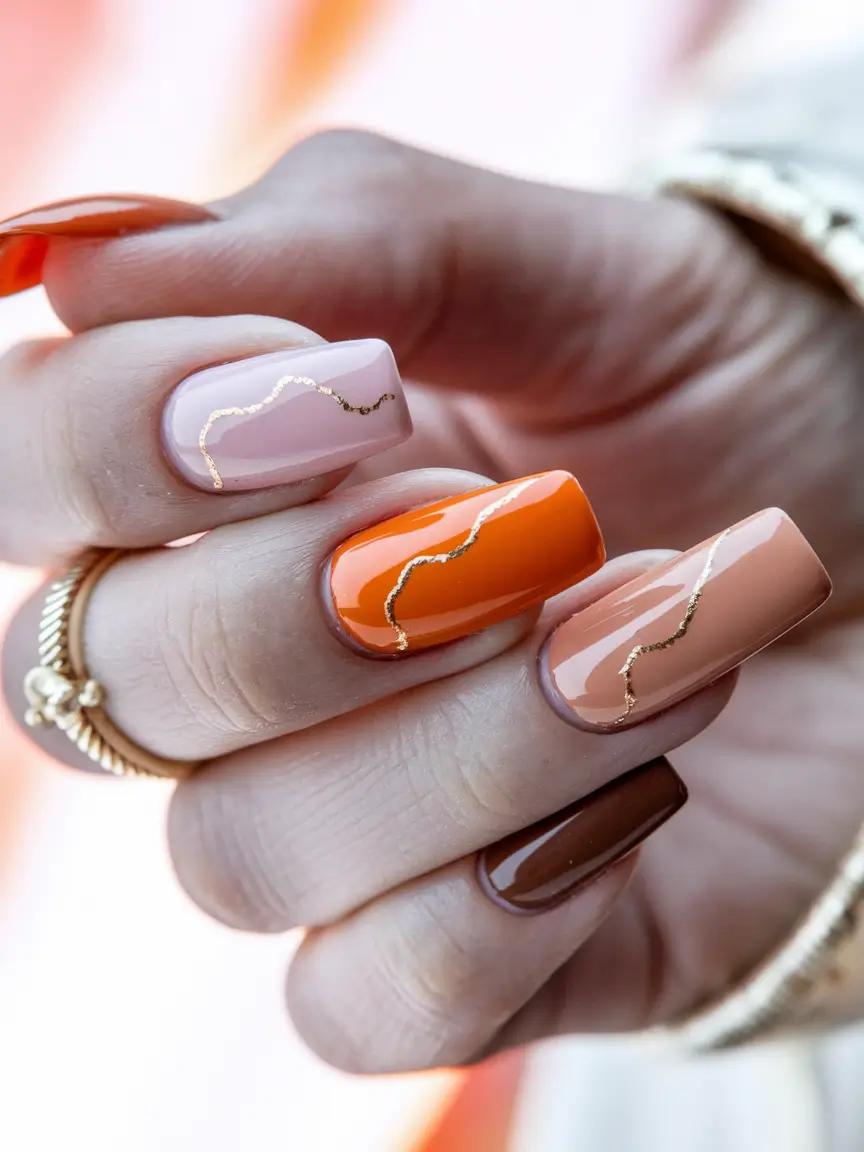 Fall Nail design for October 2025 Autumn Patchwork Squares