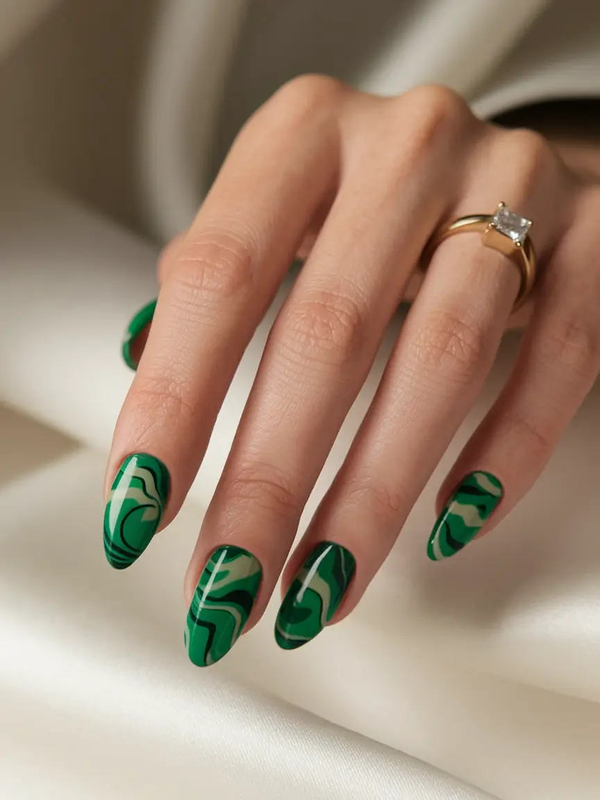 Fall Nail design for October 2025 Green Marble Waves
