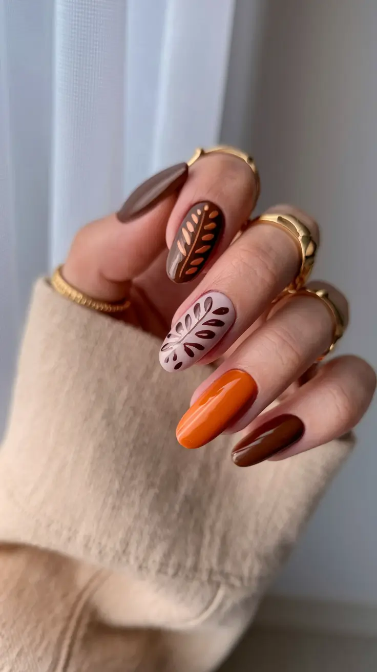 Fall Nail design for October 2025 Leafy Autumn Mix