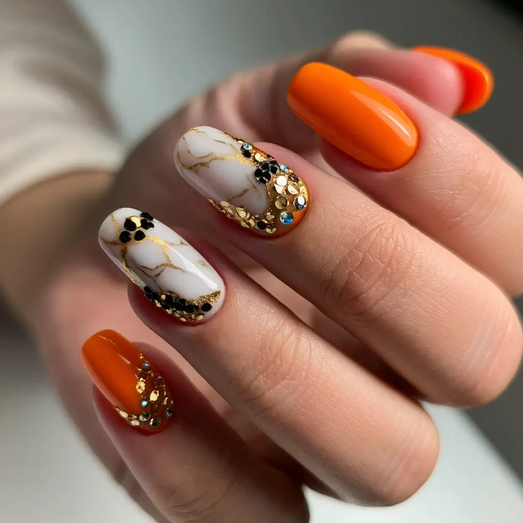 Fall Nail design for October 2025 Marble and Gem Drama