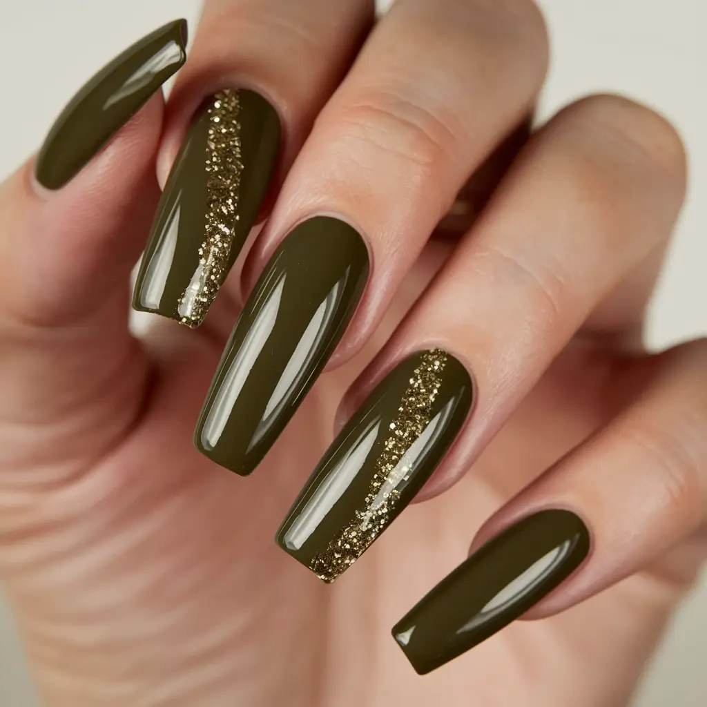 Fall Nail design for October 2025 Olive Glam with Gold Glitter