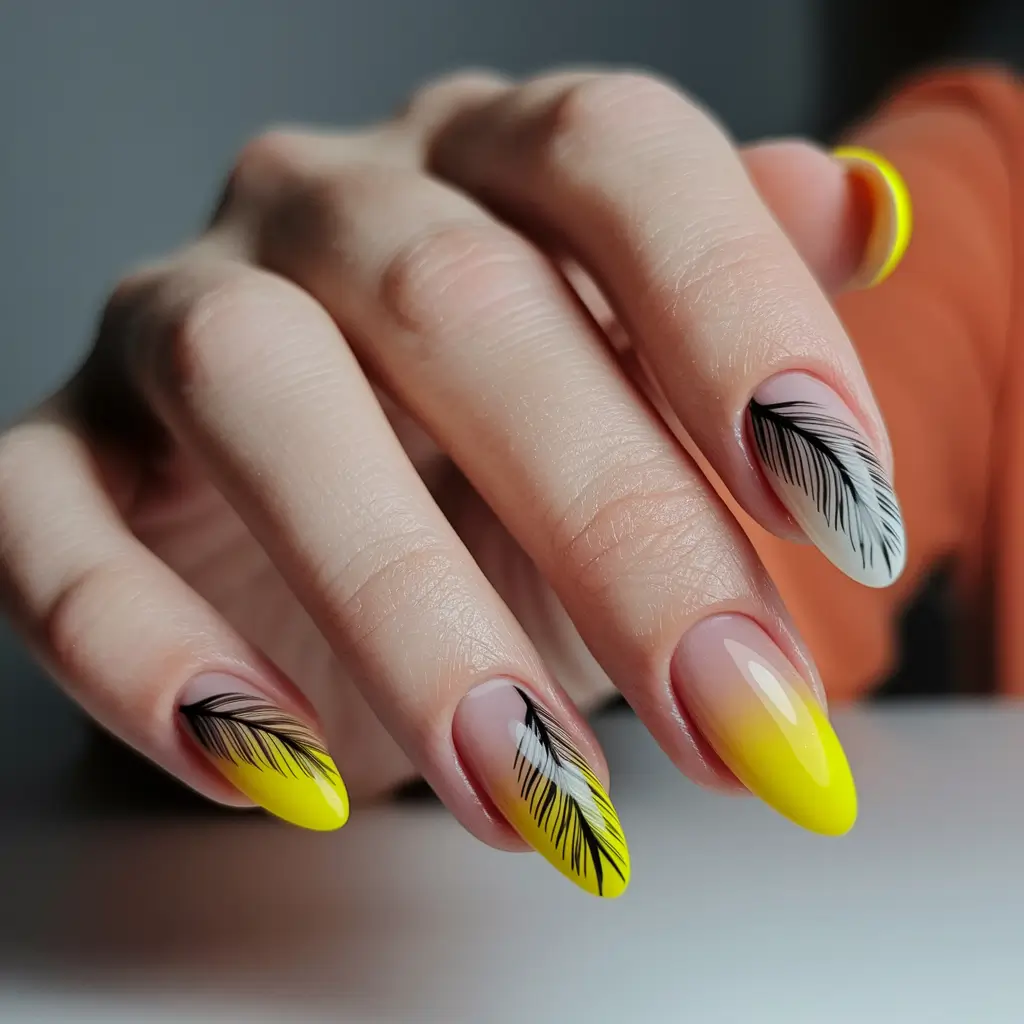 Fall Nail design for October 2025 Yellow Ombre with Feather Accents