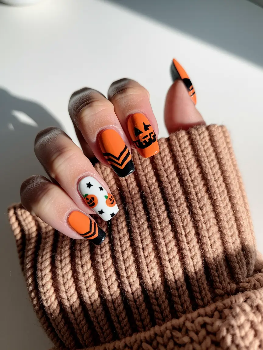 Fall Nail design for October 2025 Playful Halloween Pumpkins