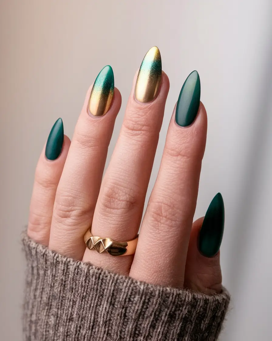 Fall Nail design for October 2025 Emerald and Gold Gradient