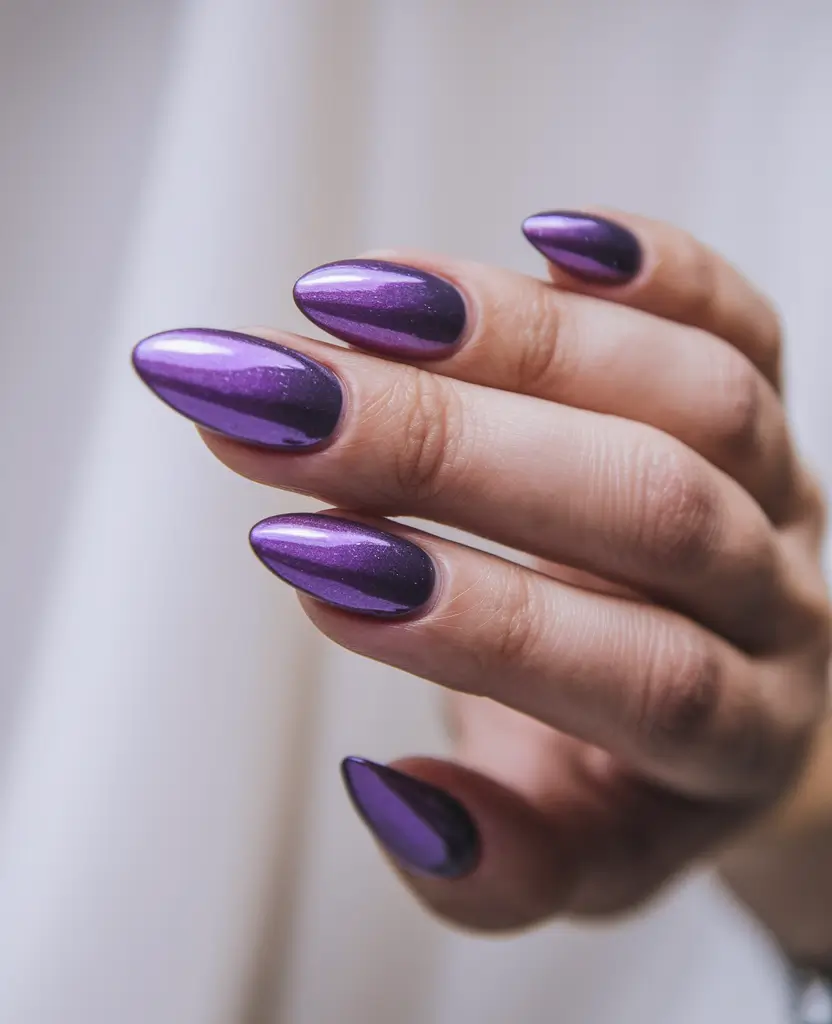 Fall Nail design for October 2025 Purple Chrome Shine
