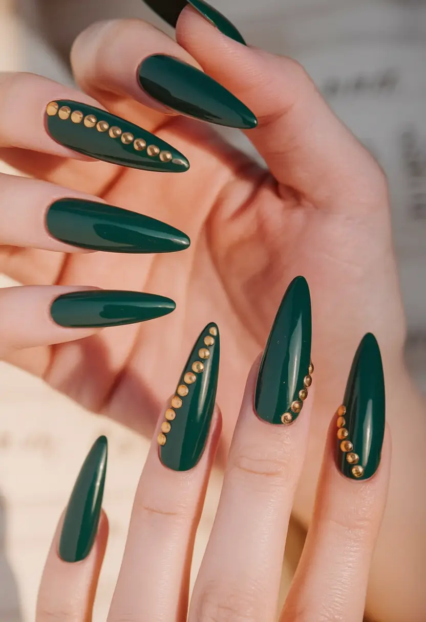 Fall Nail design for October 2025 Emerald Glam with Studs