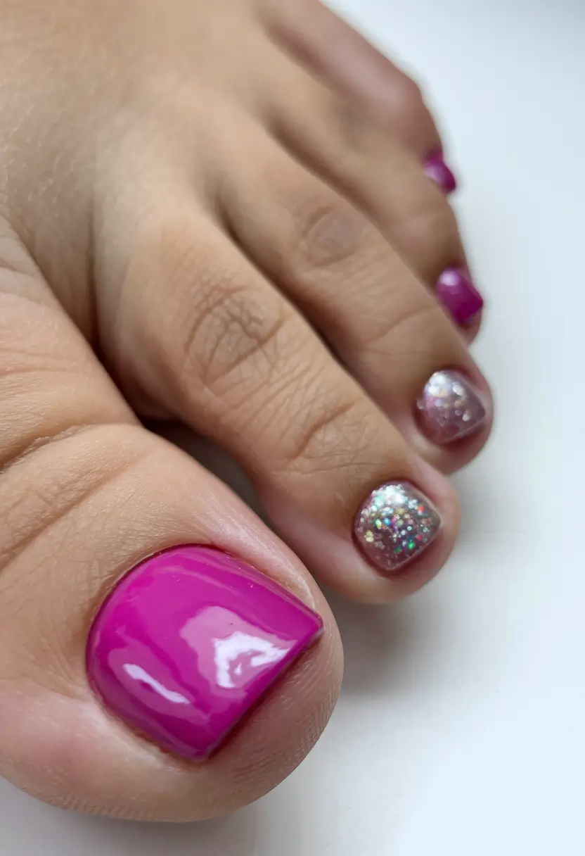 Fall Seasonal Toe Nails for October 2025 Fuchsia Pop with Glitter Accent