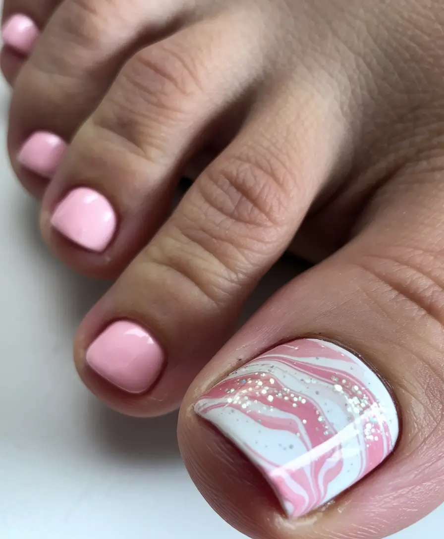 Fall Seasonal Toe Nails for October 2025 Pink Marble Waves