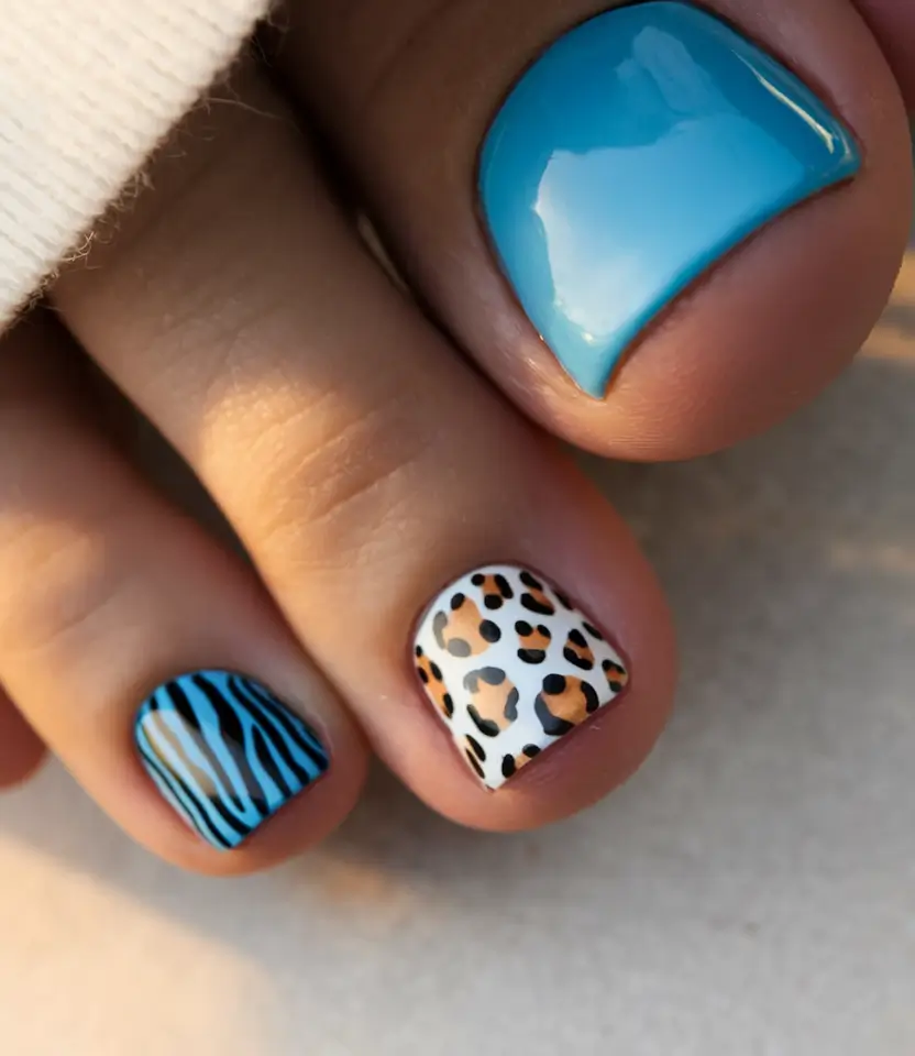 Fall Seasonal Toe Nails for October 2025 Blue Pop with Animal Print Mix