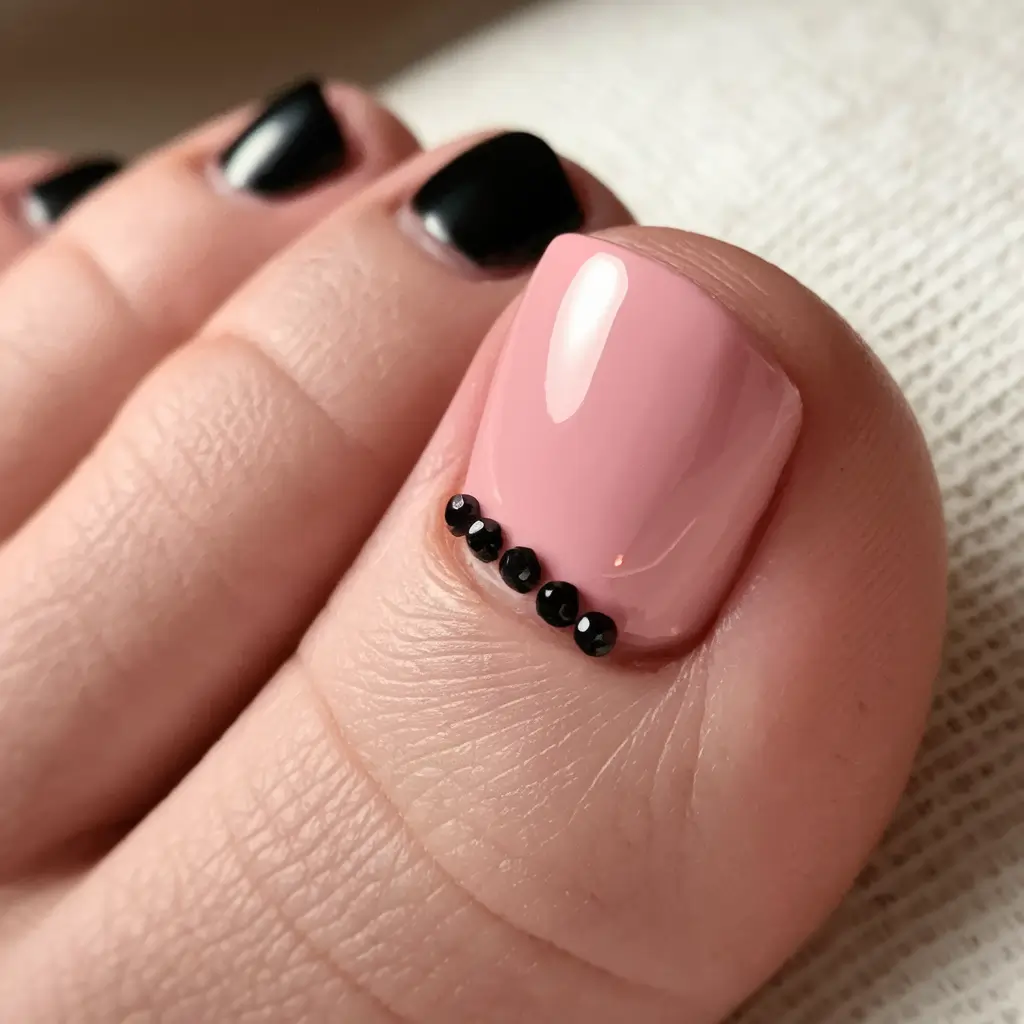 Fall Seasonal Toe Nails for October 2025 Blush Pink with Black Gems