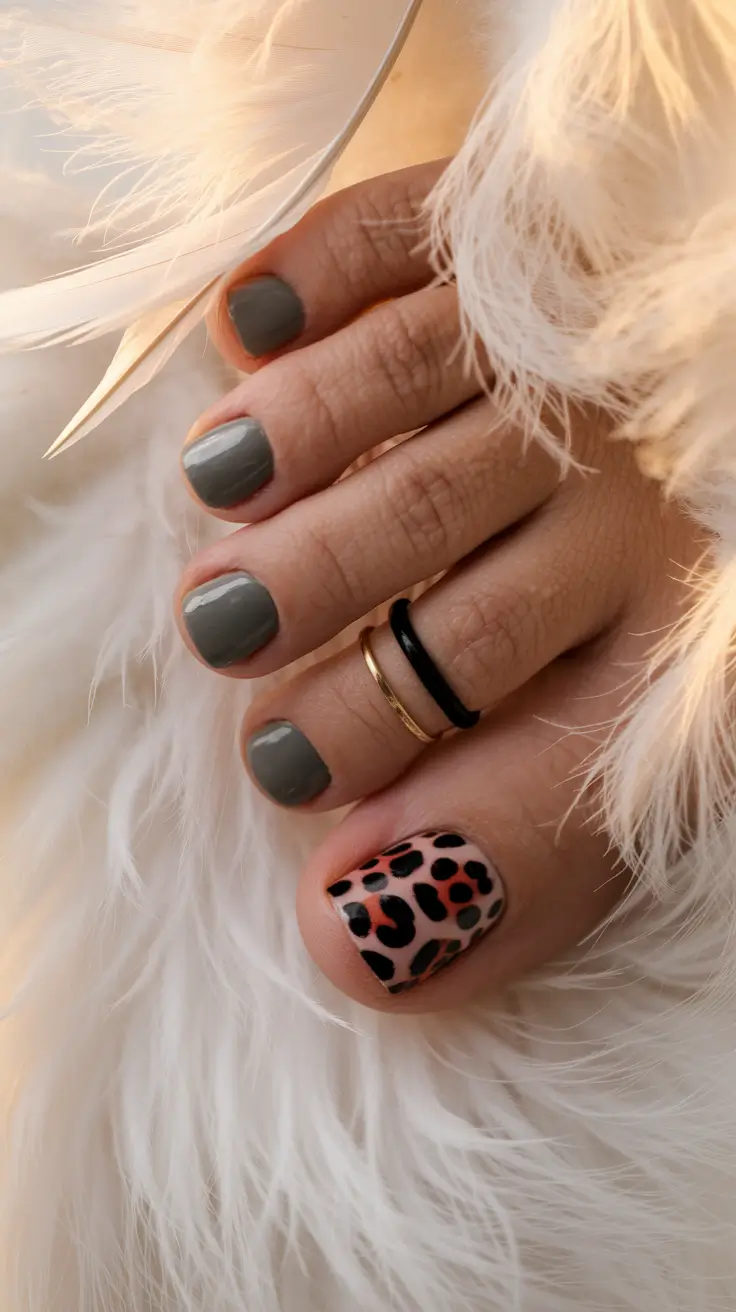 Fall Seasonal Toe Nails for October 2025 Gray with Leopard Accent