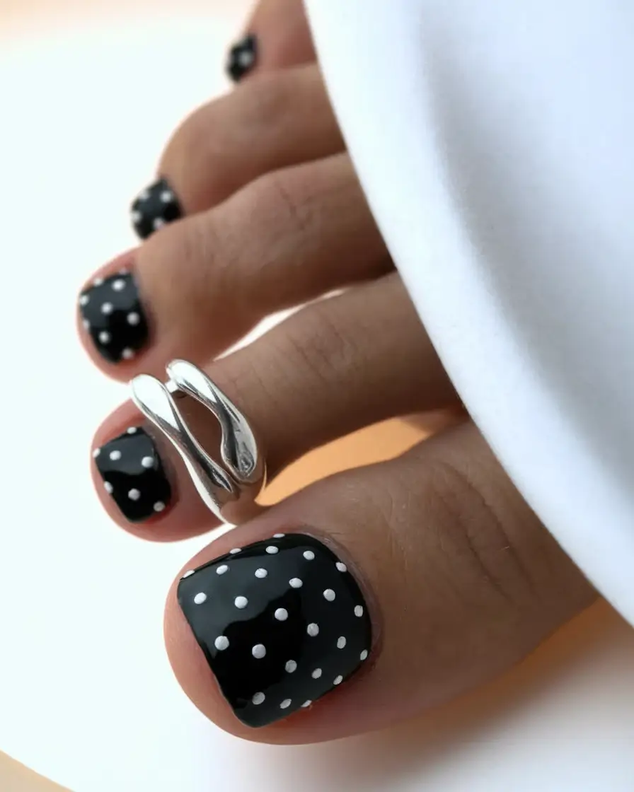 Fall Seasonal Toe Nails for October 2025 Classic Black with White Polka Dots
