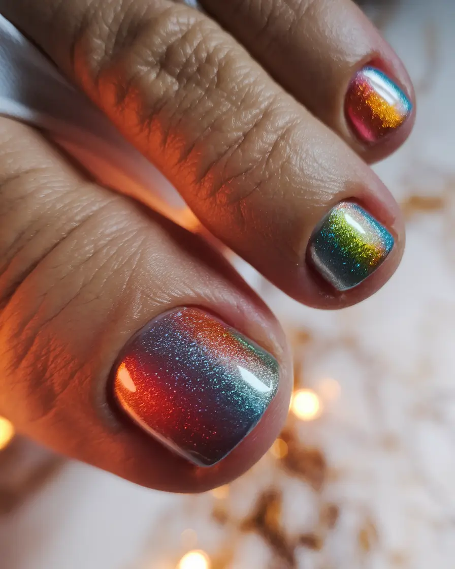 Fall Seasonal Toe Nails for October 2025 Shimmering Rainbow Chrome
