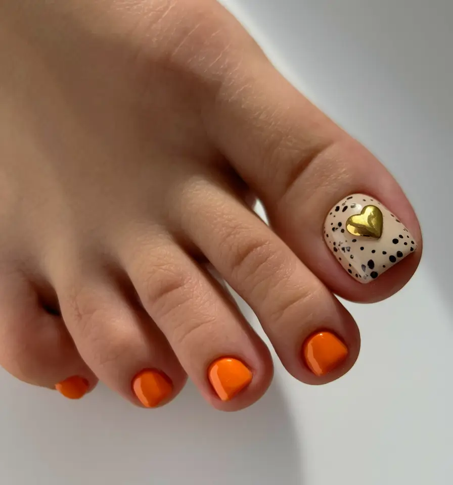 Fall Seasonal Toe Nails for October 2025 Golden Heart Accent with Bright Orange