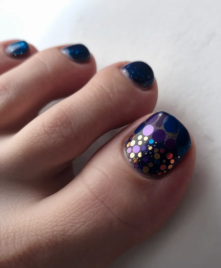 Fall Seasonal Toe Nails for October 2025 Midnight Blue with Multicolor Dots