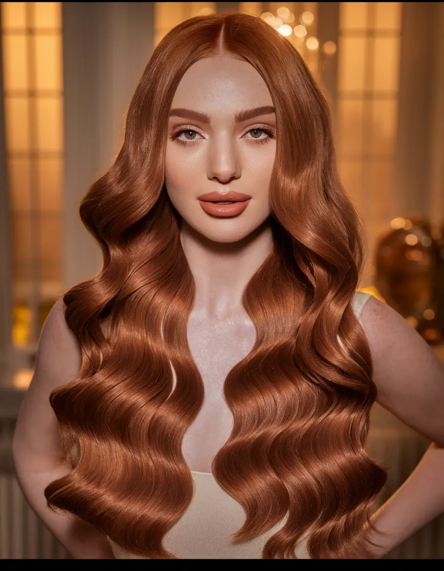 Hair Color Ideas: Auburn for Winter 2025 - 2026 Hollywood Waves in Polished Auburn