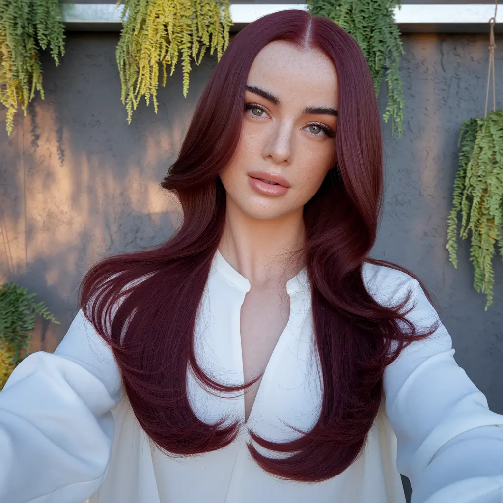 Hair Color Ideas: Auburn for Winter 2025 - 2026 Deep Burgundy-Auburn with Sleek Finish