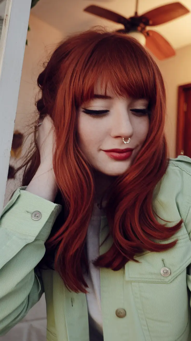 Hair Color Ideas: Auburn for Winter 2025 - 2026 Playful Auburn with Face-Framing Fringe