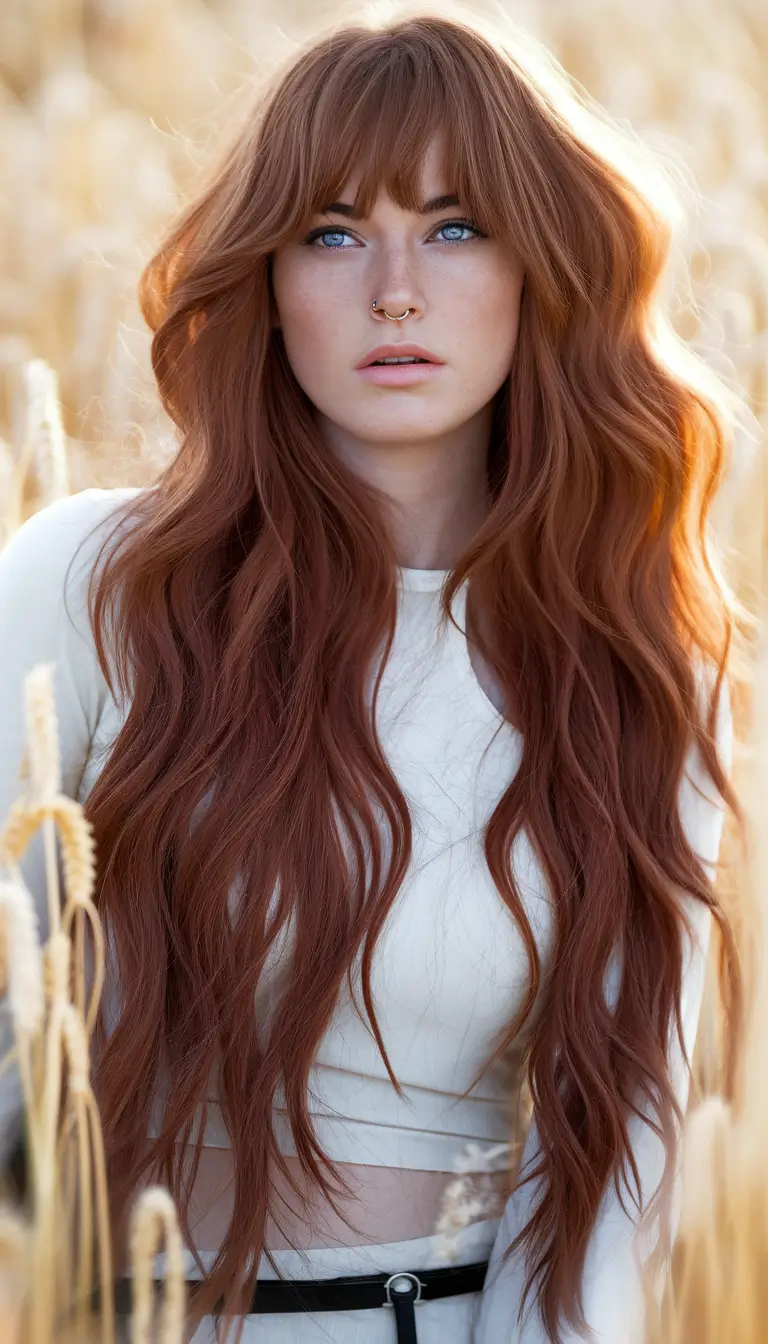 Hair Color Ideas: Auburn for Winter 2025 - 2026 Textured Auburn with Soft Bangs