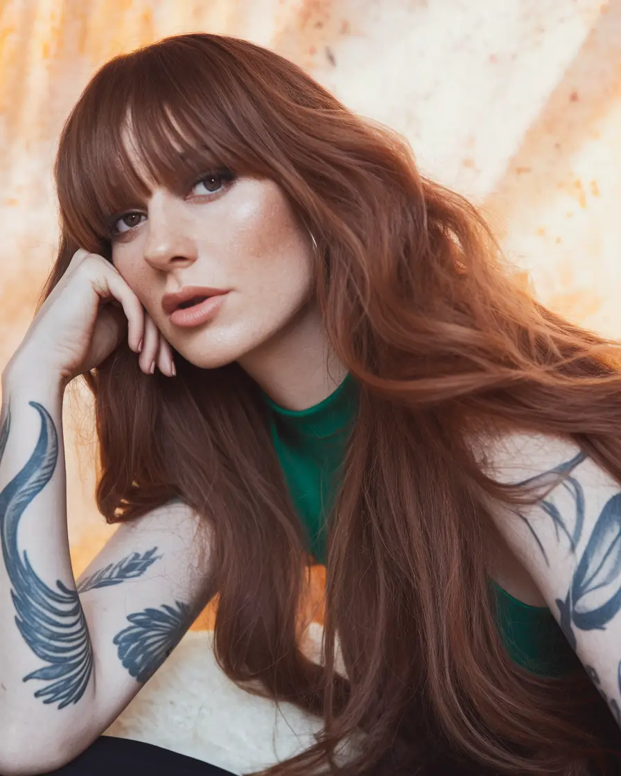 Hair Color Ideas: Auburn for Winter 2025 - 2026 Soft Auburn Layers with Full Fringe