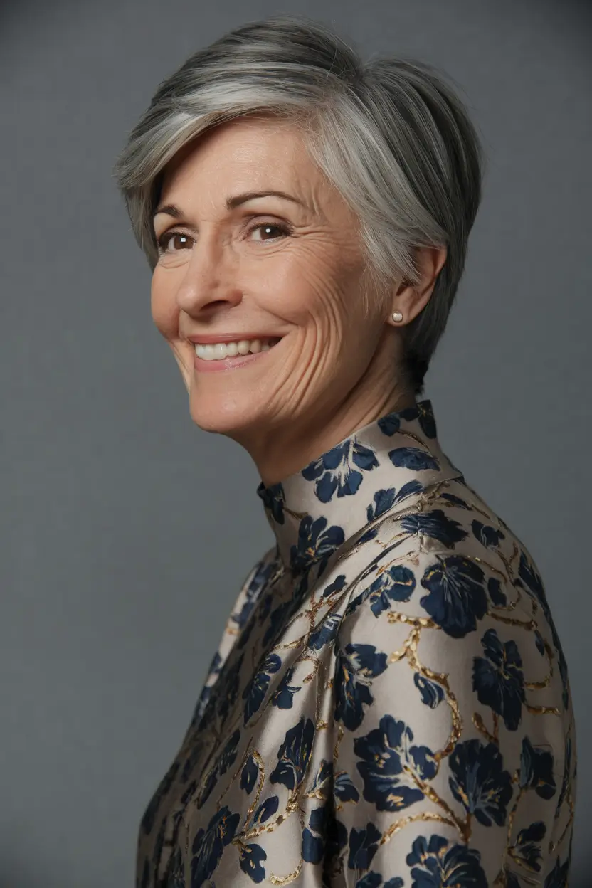 Hair Color & Winter Hairstyles for Women Over 50: 2025-2026 Silver Pixie with Soft Dimension