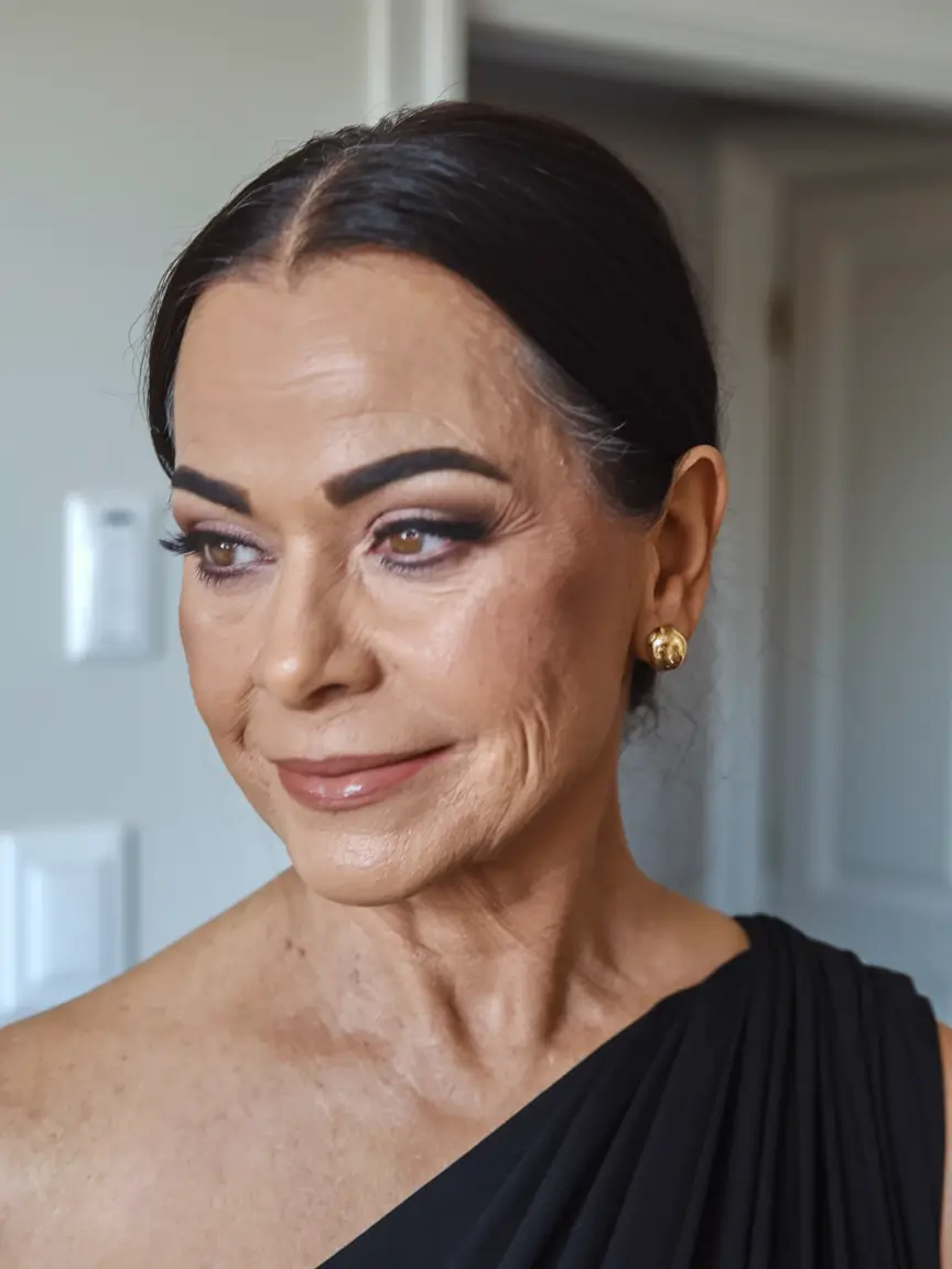 Hair Color & Winter Hairstyles for Women Over 50: 2025-2026 Elegant Low Bun with Midnight Gloss