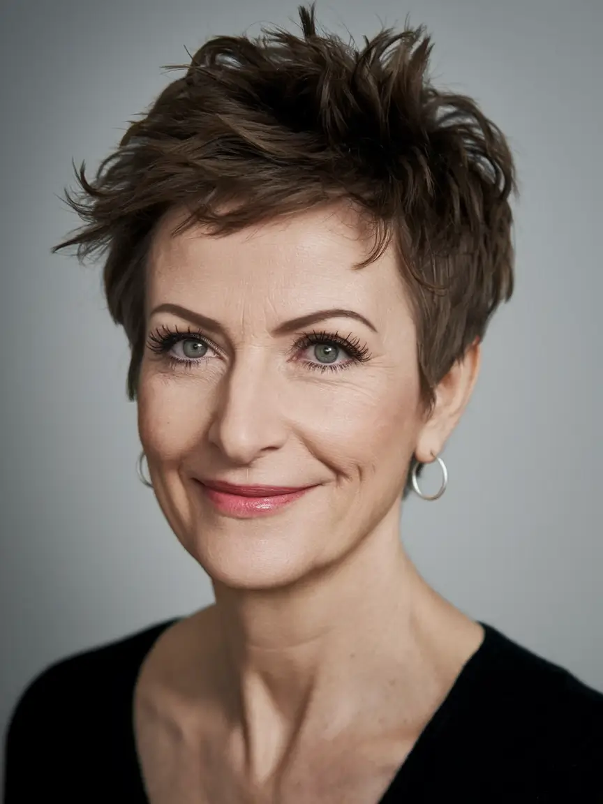 Hair Color & Winter Hairstyles for Women Over 60: 2025-2026 Playful Brunette Pixie
